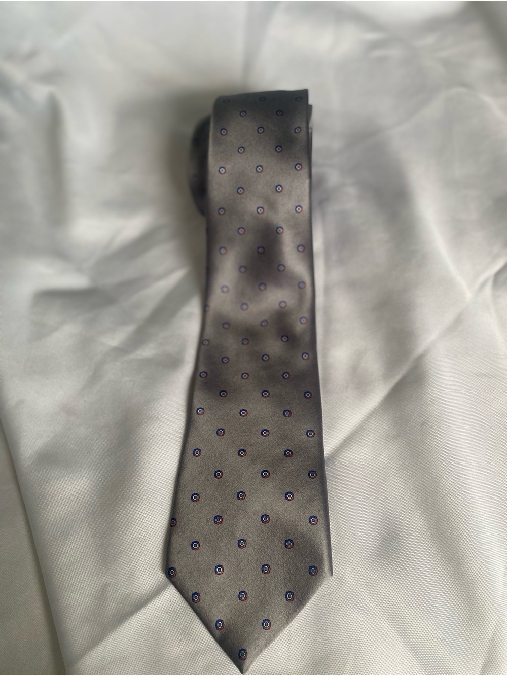 Vintage Dior Gray Silk Tie with Navy and Red Micro-Round Motif